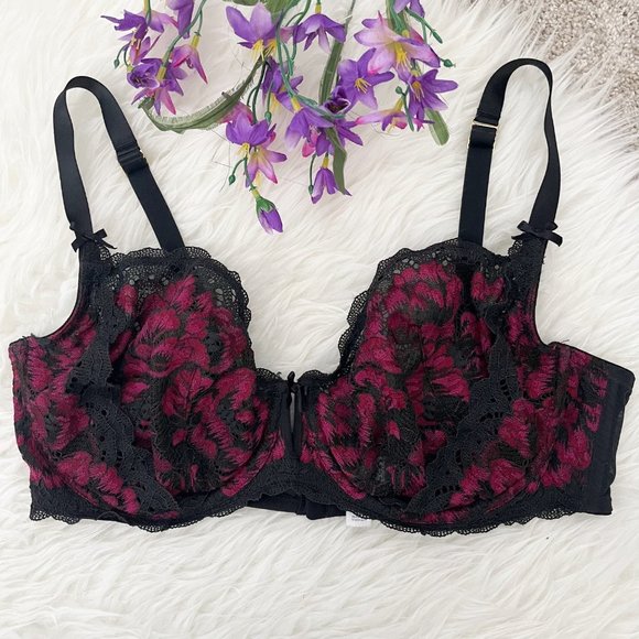 Cacique Other - Cacique Bra Plus Size 40 DD Floral Lace Color Black Dark Red Maroon Unlined